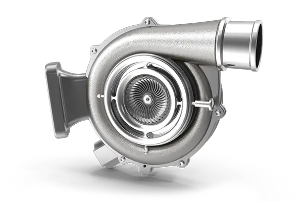 The Mufflerman, Mechanic Near Me Image of a metallic turbocharger with a circular turbine and a protruding cylindrical outlet, set against a black background, highlighting the intricacy of vehicle service components.