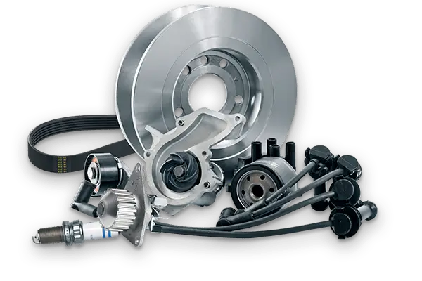 The Mufflerman A curated collection of automotive parts, perfect for vehicle service, includes a brake disc, spark plug, ignition cables, water pump, and timing belt. Meticulously arranged against a solid black backdrop.