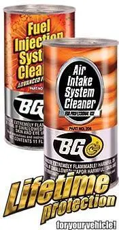The Mufflerman, Mechanic Near Me Two cans labeled Fuel Injection System Cleaner and Air Intake System Cleaner with the brand BG, promising lifetime protection for your vehicle. Set against a backdrop of fiery orange and metallic colors, its the ideal choice before searching for engine repair near me.