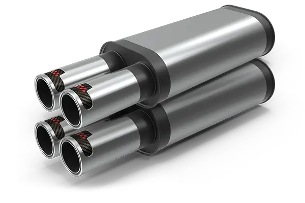 The Mufflerman, Mechanic Near Me A shiny chrome car exhaust system gleams with a dual set of four cylindrical pipes extending from a rectangular silencer. Enhanced by red and black accents near their tips, this feature speaks to meticulous vehicle service. The background remains plain and unobtrusive.