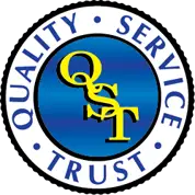 The Mufflerman, Mechanic Near Me Circular logo with a blue gradient background. The text QUALITY SERVICE TRUST in white capital letters forms the outer ring. Inside, stylized yellow letters Q, S, and T are interwoven.