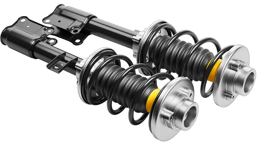 The Mufflerman Two car shock absorbers with coiled springs and metal mounts, essential for top-notch suspension services, are displayed on a black background. The image highlights their detailed construction, including metallic and rubber components.