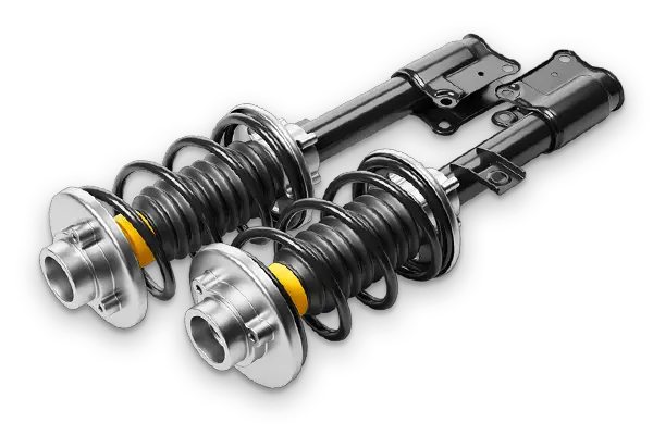 The Mufflerman, Mechanic Near Me A pair of car shock absorbers with springs attached, featuring metallic and plastic components, designed for optimal vehicle service performance against a sleek black background.