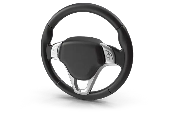 The Mufflerman, Mechanic Near Me A sleek, modern car steering wheel with a black leather cover and silver accents, featuring various control buttons for seamless vehicle service integration. The background is plain white.