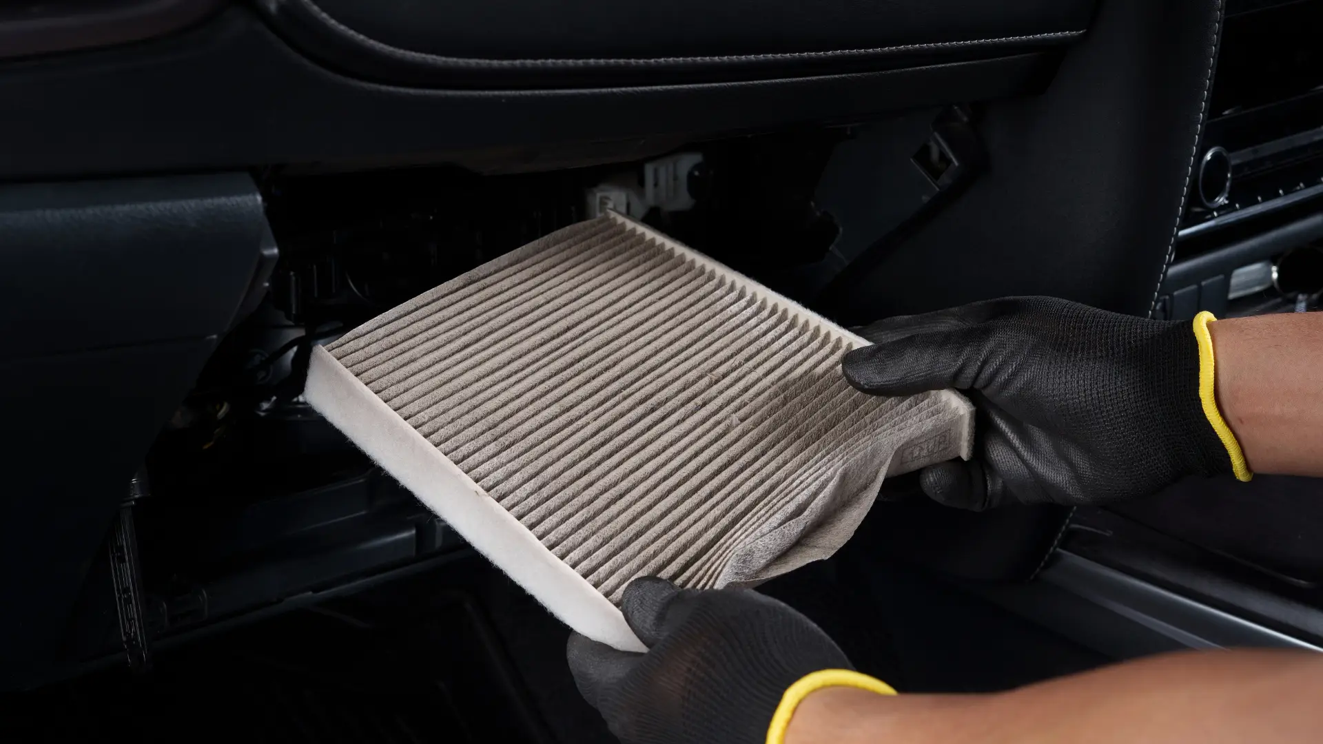 Technician checking a cabin air filter for wildfire smoke and summer debris