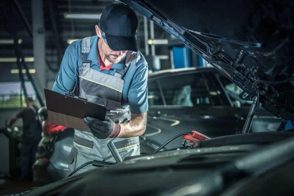 The Mufflerman A mechanic in a cap and overalls thoroughly conducts a vehicle safety inspection near me, examining a car engine under an open hood. He holds a clipboard and wears protective gloves in the well-lit garage, with another vehicle visible in the background.